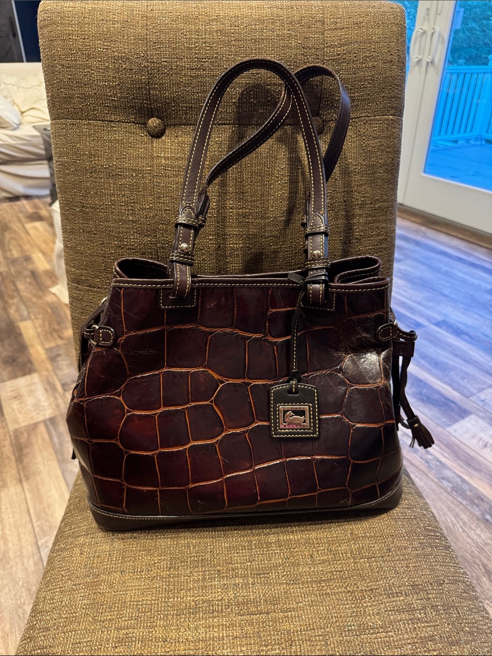 Dooney & Bourke Croc-Embossed Leather Shoulder Tote in Dark Brown